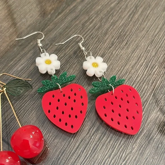Red Cherry and Strawberry Earrings Set - Picture 4 of 14